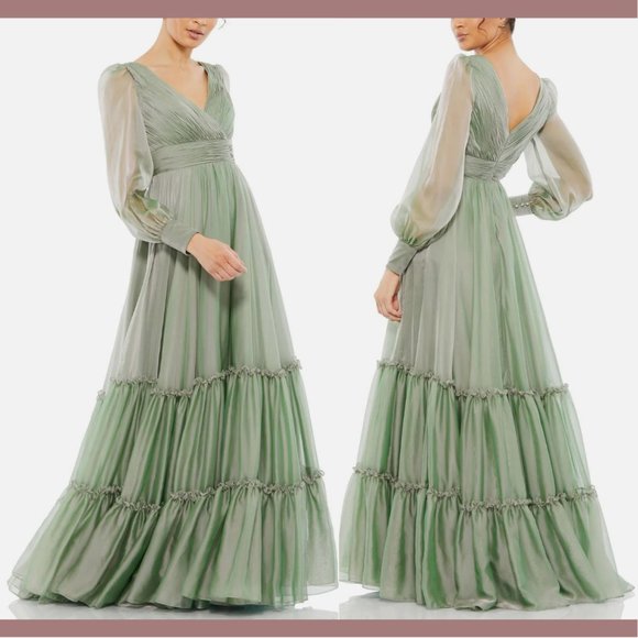NWT‎ $598 Mac Duggal [ 16 ] Faux Wrap long Sleeve Tiered Gown in Sage Green